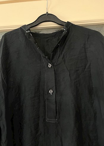 Düğmeli Siyah Keten Tunik - Görsel 3