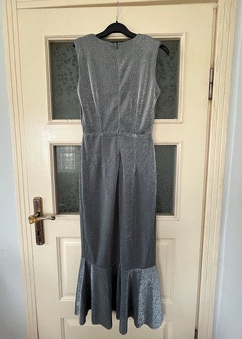 Gri Drapeli Uzun V Yaka Abiye Elbise - Görsel 2