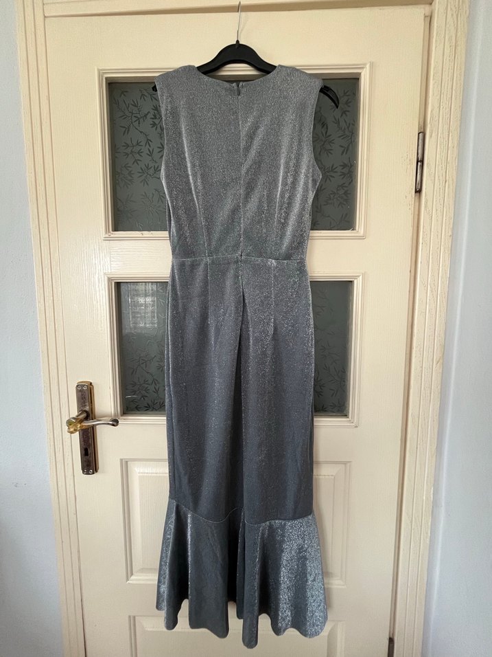 Gri Drapeli Uzun V Yaka Abiye Elbise - Görsel 2