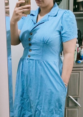 Düğmeli Mavi Denim Midi Elbise - Görsel 2