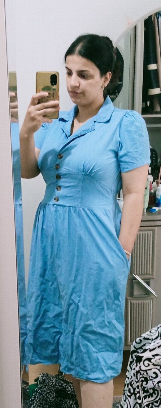 Düğmeli Mavi Denim Midi Elbise - Görsel 2