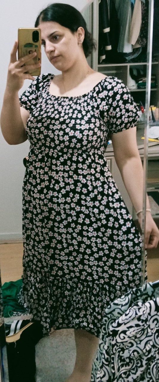 Çiçek Desenli Siyah Midi Elbise - Görsel 2