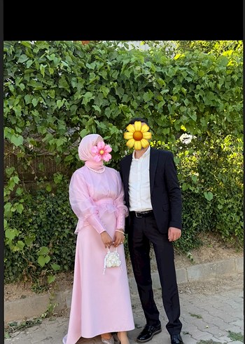 Abiye Pembe Drapeli Uzun Kol Detaylı Elbise