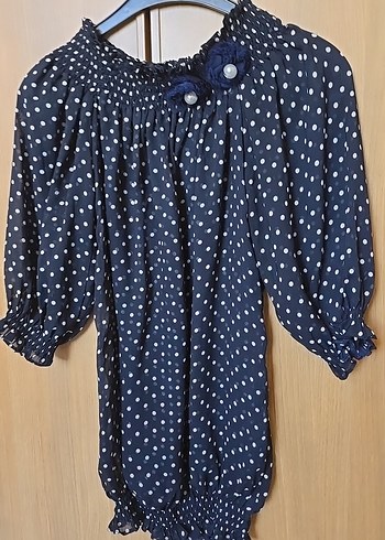 Lacivert Puantiyeli Vintage Bluz