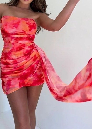 Acelya Okcu Straplez Batik Desenli Mini Elbise - Görsel 6