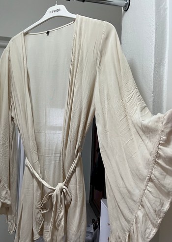44 Beden Bej Midi Keten Kimono, Salaş ve V Yakalı
