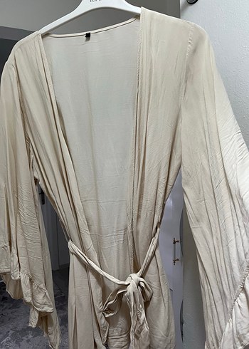 44 Beden ten rengi Renk Bej Midi Keten Kimono, Salaş ve V Yakalı