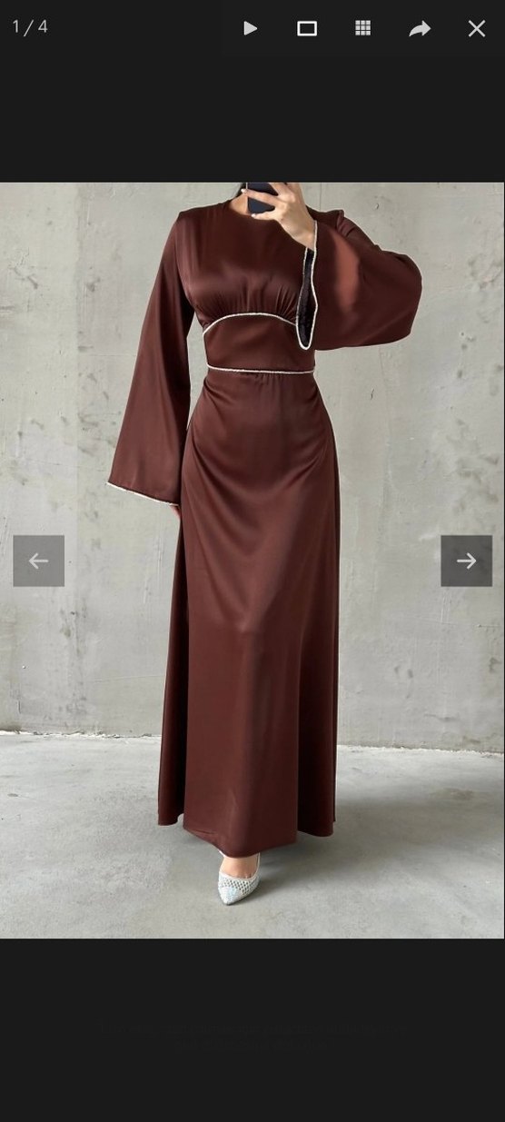 Kolları ve Beli İnci Taş Detaylı Volan Kol Saten Tesettür Abiye - Görsel 2