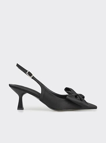 Elle Siyah Kısa Topuklu Ayakkabı Stiletto Fiyonklu