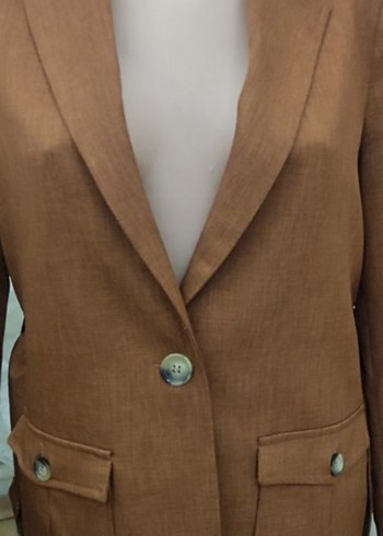 Düğmeli Kahverengi Keten Kadın Blazer