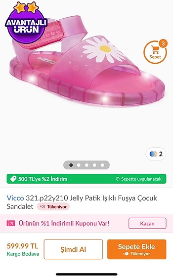 30 Beden Vicco pembe kız ışıklı sandalet