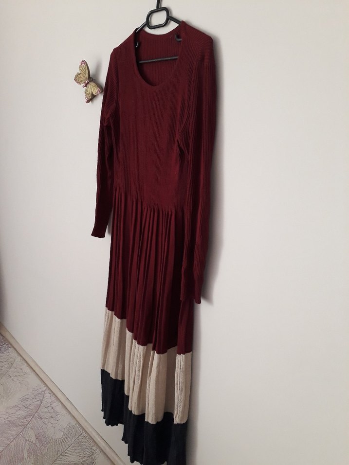 Bordo Pliseli Uzun Triko Elbise - Görsel 4