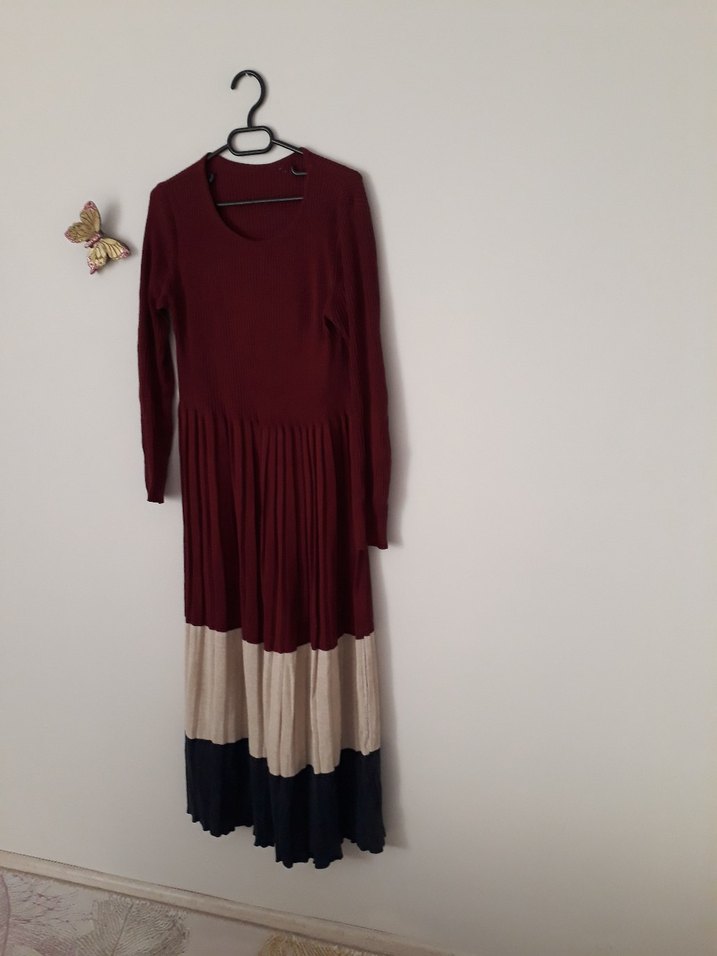 Bordo Pliseli Uzun Triko Elbise - Görsel 3