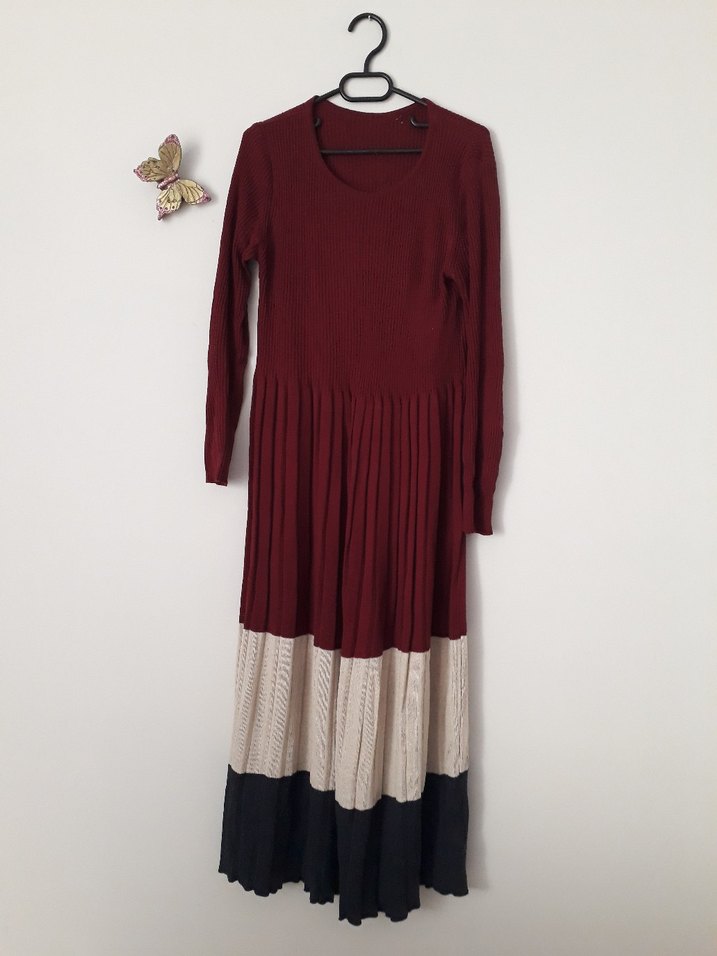 Bordo Pliseli Uzun Triko Elbise - Görsel 2