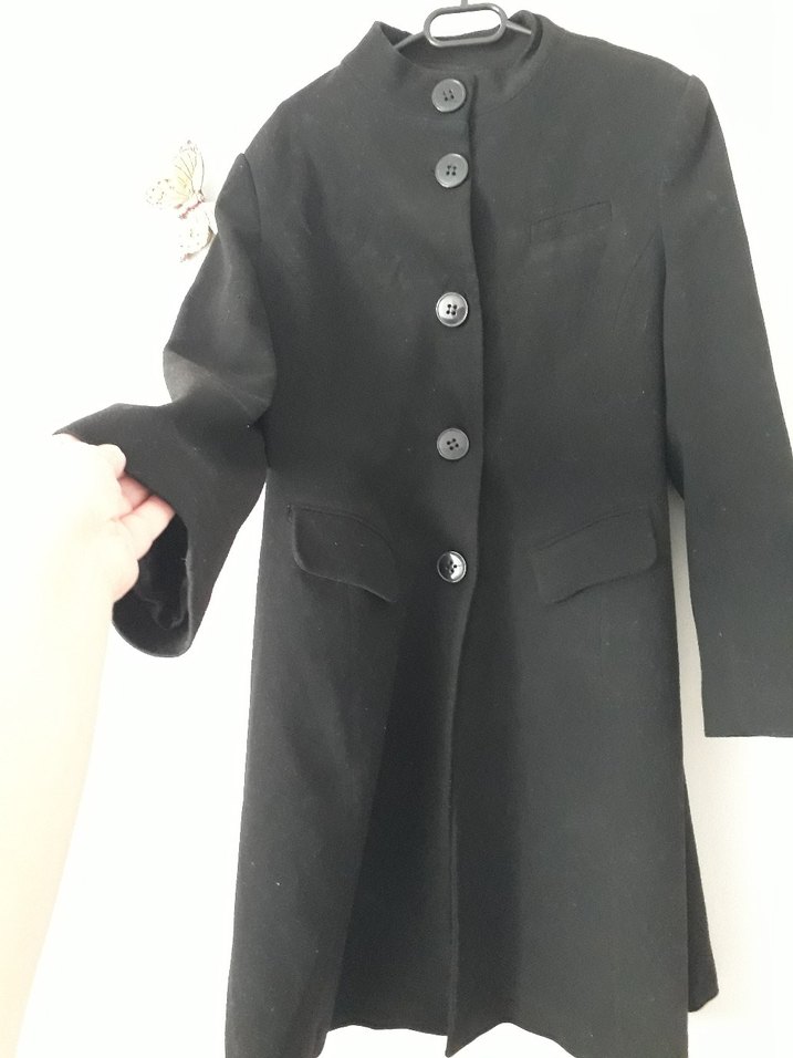 Düğmeli Siyah Kadın Kaban - Görsel 4