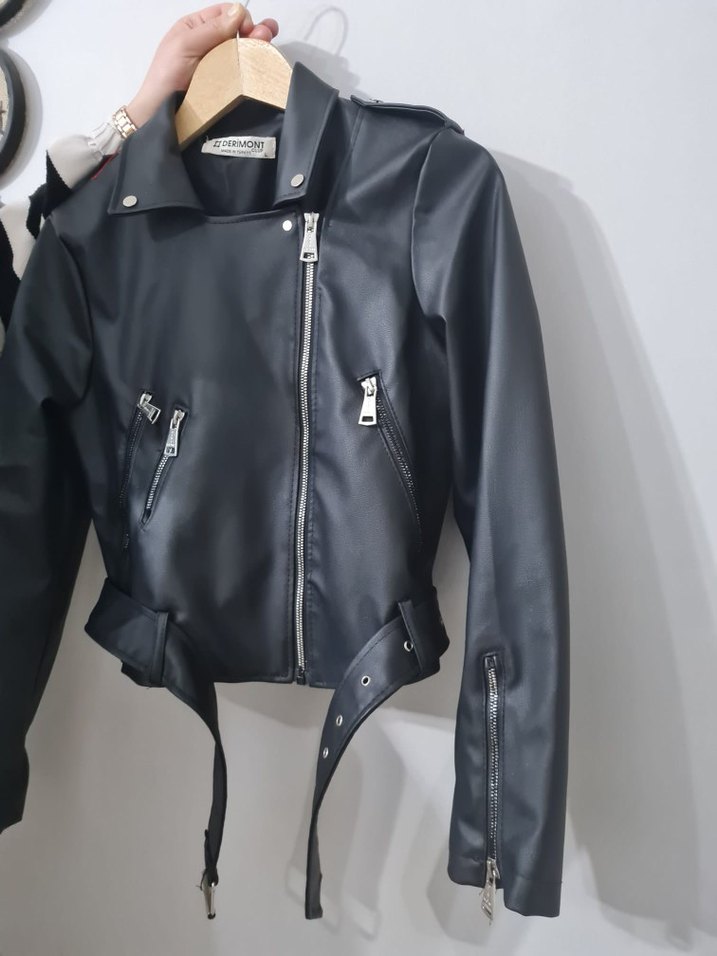 Kemer Detaylı Siyah Deri Ceket - Görsel 5