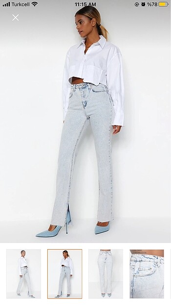 Mavi Yırtmaçlı Yüksek Bel Flare Jeans