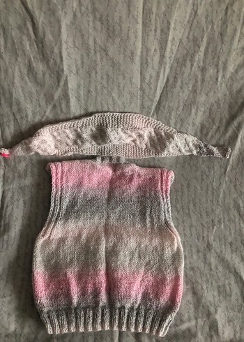 Vintage Bohem Gri V Yaka Kız Örme Süveter ve bandana - Görsel 3