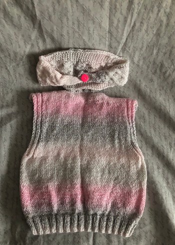 Vintage Bohem Gri V Yaka Kız Örme Süveter ve bandana - Görsel 2