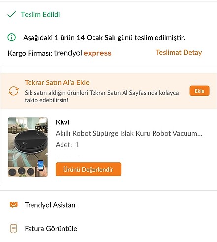 Kiwi faturalı robot süpürge