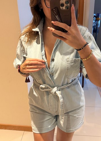 Kadın Gri Kemerli Kısa Denim Tulum - Görsel 3