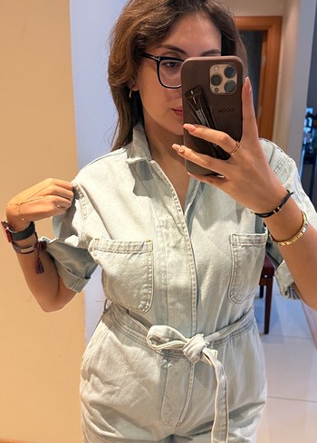 Kadın Gri Kemerli Kısa Denim Tulum - Görsel 4