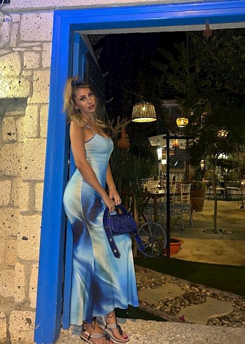 Mavi Drapeli Uzun Askılı Elbise - Görsel 2