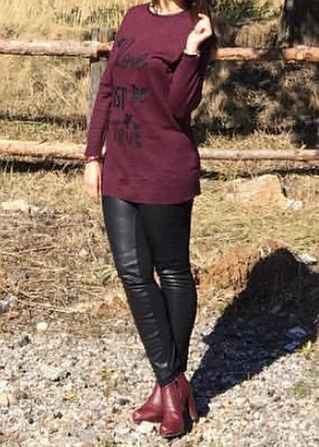 LC Waikiki Bordo Kadin Sweatshirt Uzun Kollu Deri Detayli