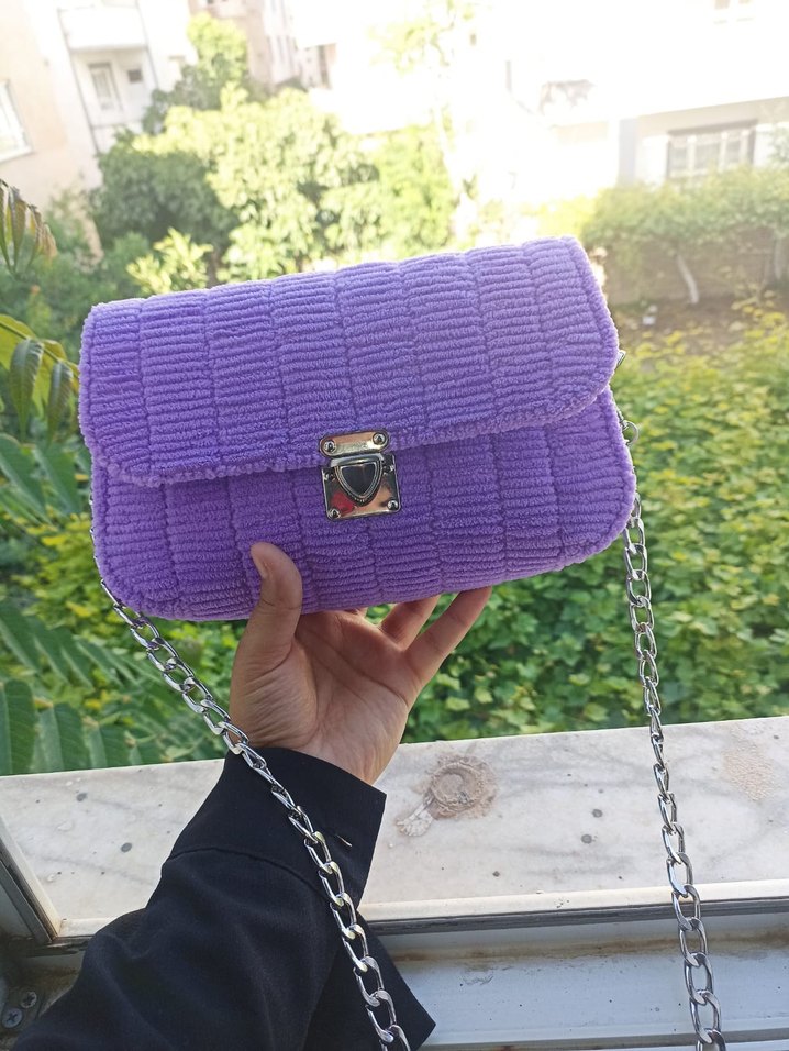 Mor Örgü Kadın Çanta Zincir Askılı el yapımı - Görsel 2
