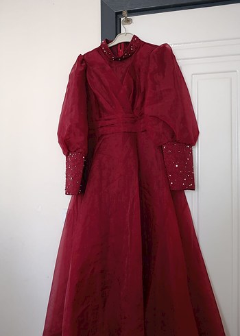 Bordo Uzun Kollu Drapeli Kadın Abiye Elbise - Görsel 2