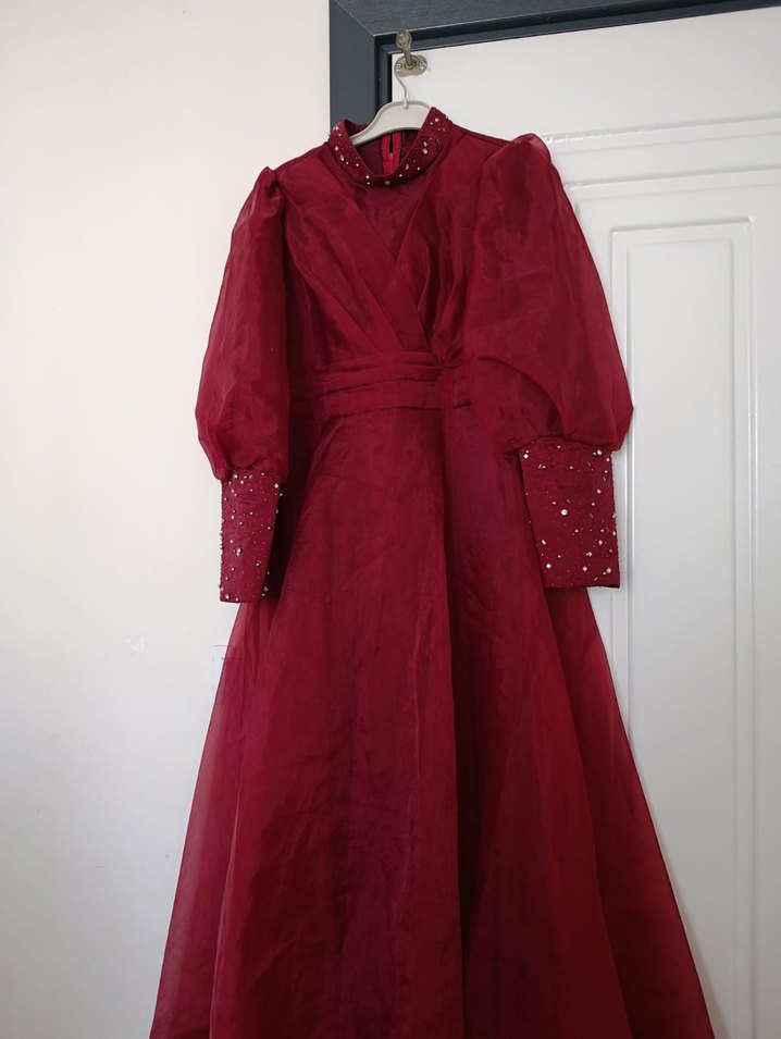 Bordo Uzun Kollu Drapeli Kadın Abiye Elbise - Görsel 2