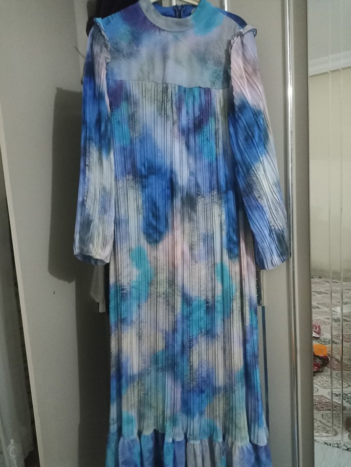 Mavi Pilili Uzun Bağlama Desenli Kadın Elbise - Görsel 2