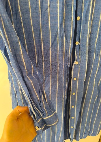 Mavi Çizgili Uzun Kollu Denim Gömlek Elbise - Görsel 2