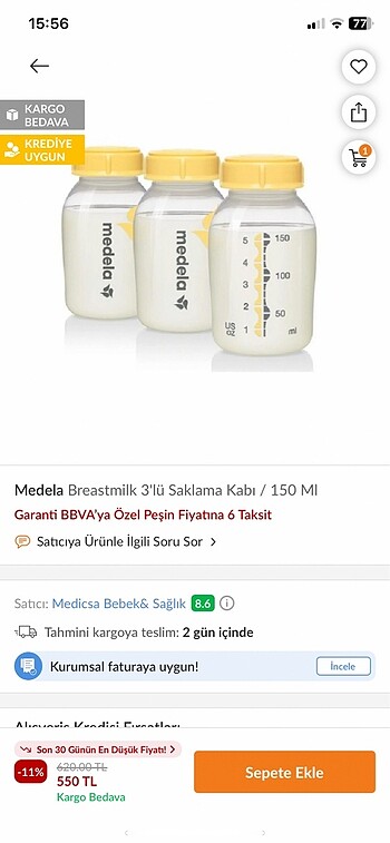  Medela süt saklama kabı