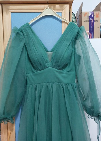 Uzun Kol Drapeli Yeşil Bohem Elbise - Görsel 5