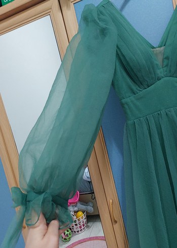 Uzun Kol Drapeli Yeşil Bohem Elbise - Görsel 3