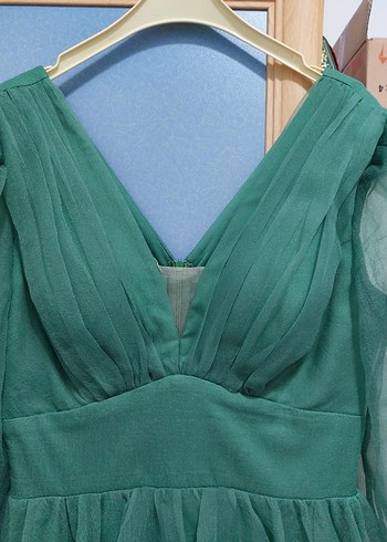 Uzun Kol Drapeli Yeşil Bohem Elbise - Görsel 4