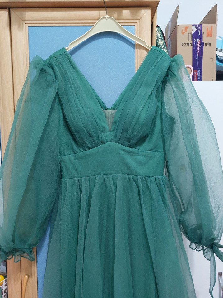 Uzun Kol Drapeli Yeşil Bohem Elbise - Görsel 5