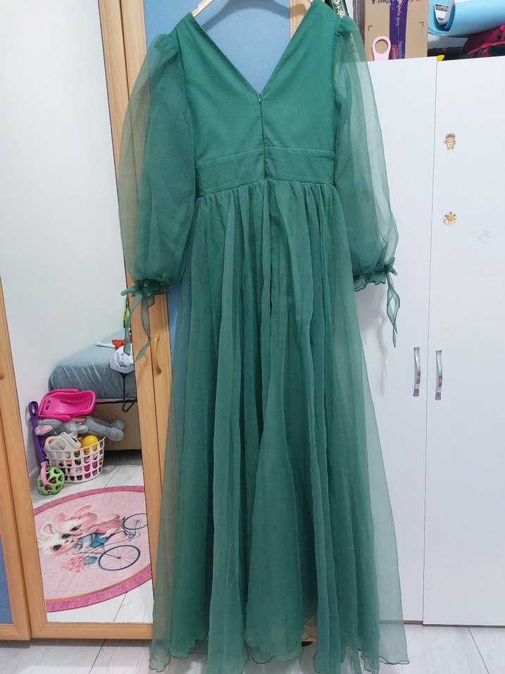 Uzun Kol Drapeli Yeşil Bohem Elbise - Görsel 2