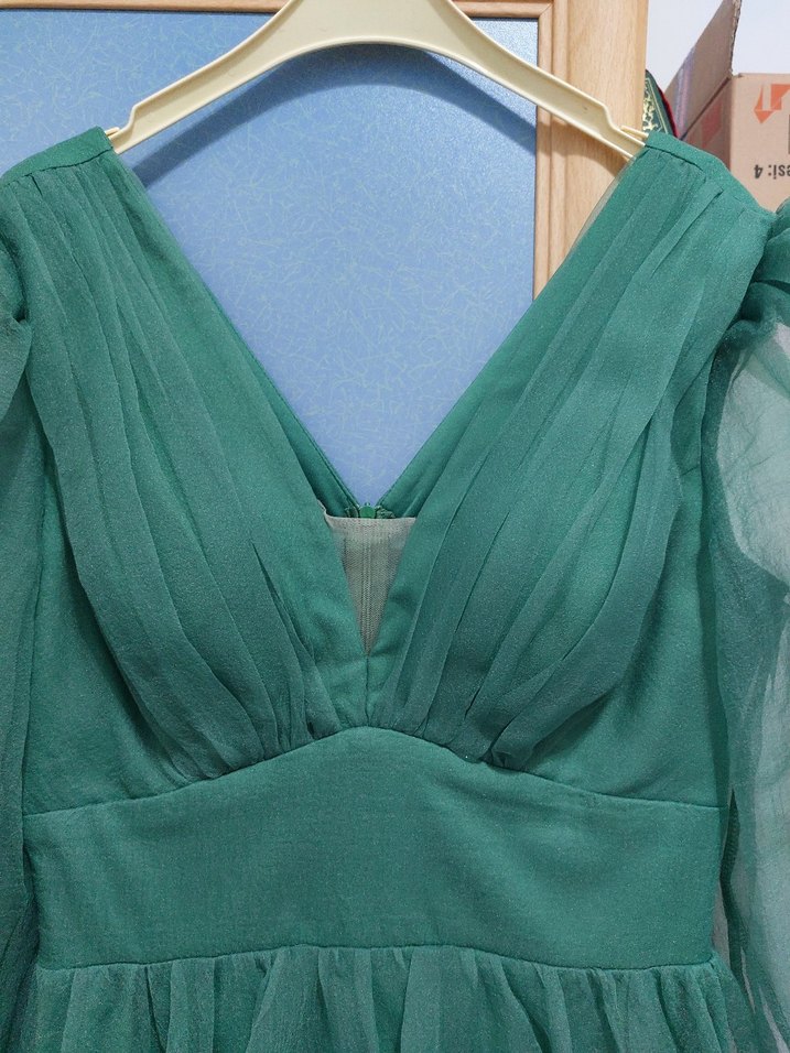 Uzun Kol Drapeli Yeşil Bohem Elbise - Görsel 4