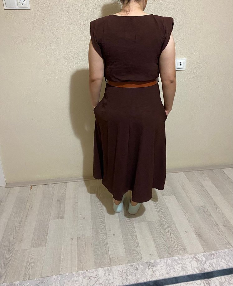 Kahverengi Deri Midi Elbise - Görsel 2