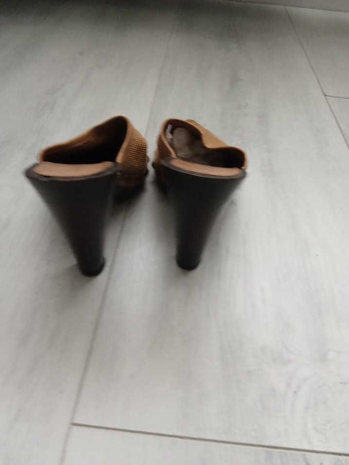 Bej Parlak Yılan Desenli Platform Topuklu Kadın Terlik - Görsel 4