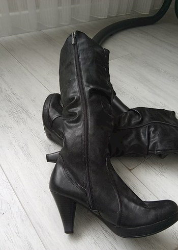 Siyah Deri Diz Üstü Gotik Topuklu Çizme - Görsel 7