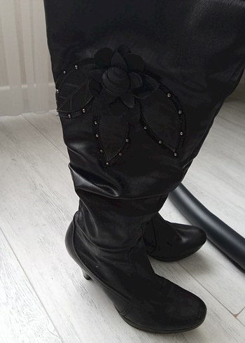 Siyah Deri Diz Üstü Gotik Topuklu Çizme - Görsel 5