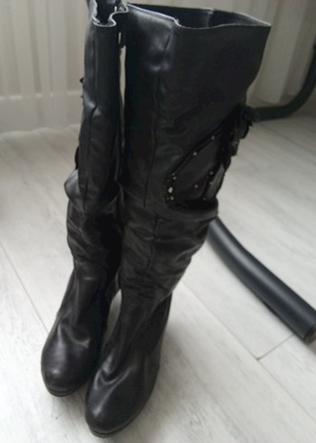 Siyah Deri Gotik Yüksek Topuklu Dizüstü Çizme - Görsel 2