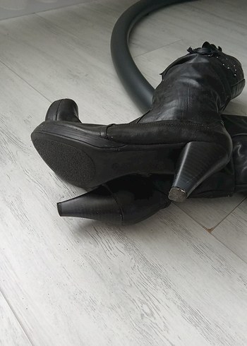 Siyah Deri Gotik Yüksek Topuklu Dizüstü Çizme - Görsel 7