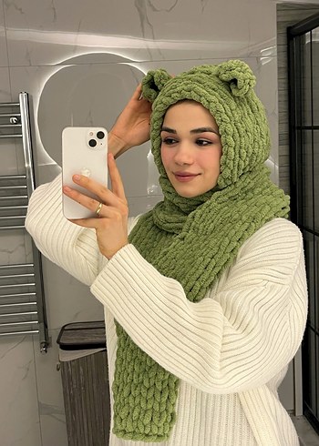 Açık Haki Örgü Kadın Şal Kulak Detaylı - Görsel 3