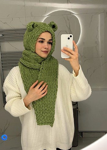 Açık Haki Örgü Kadın Şal Kulak Detaylı - Görsel 5