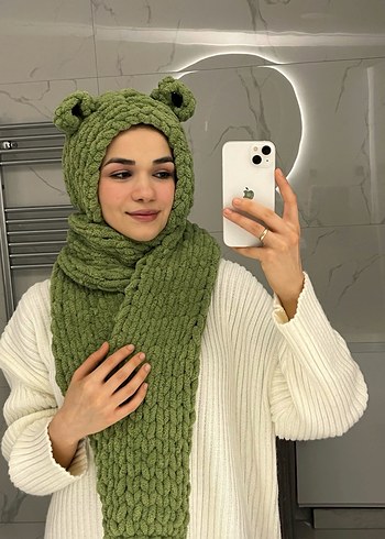 Açık Haki Örgü Kadın Şal Kulak Detaylı - Görsel 4