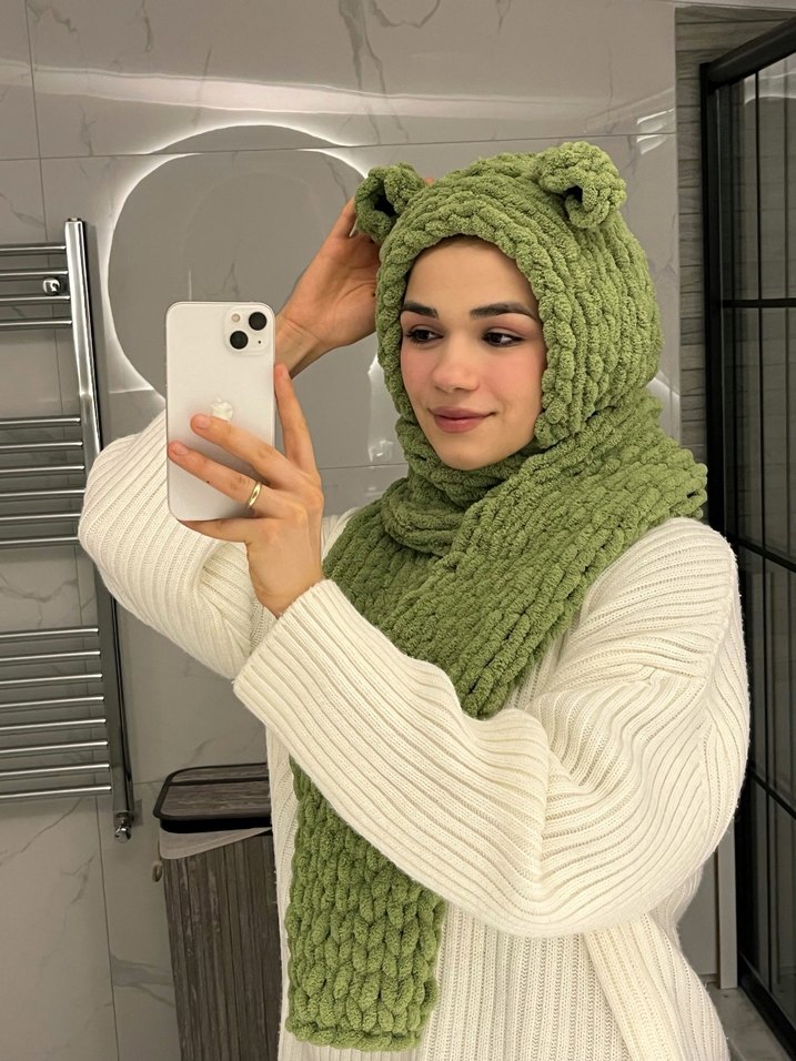 Açık Haki Örgü Kadın Şal Kulak Detaylı - Görsel 3